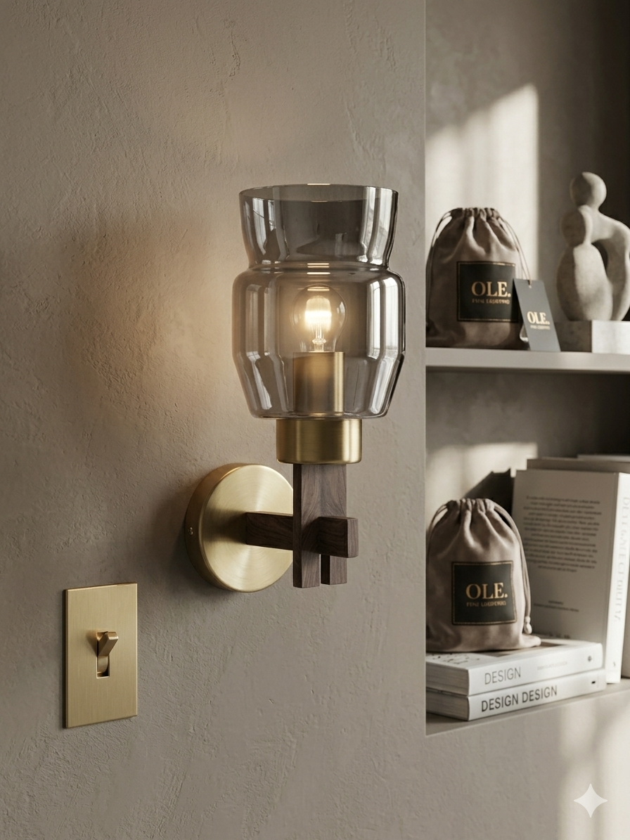 Aura Smokey Glass & Walnut Wood Wall Sconce