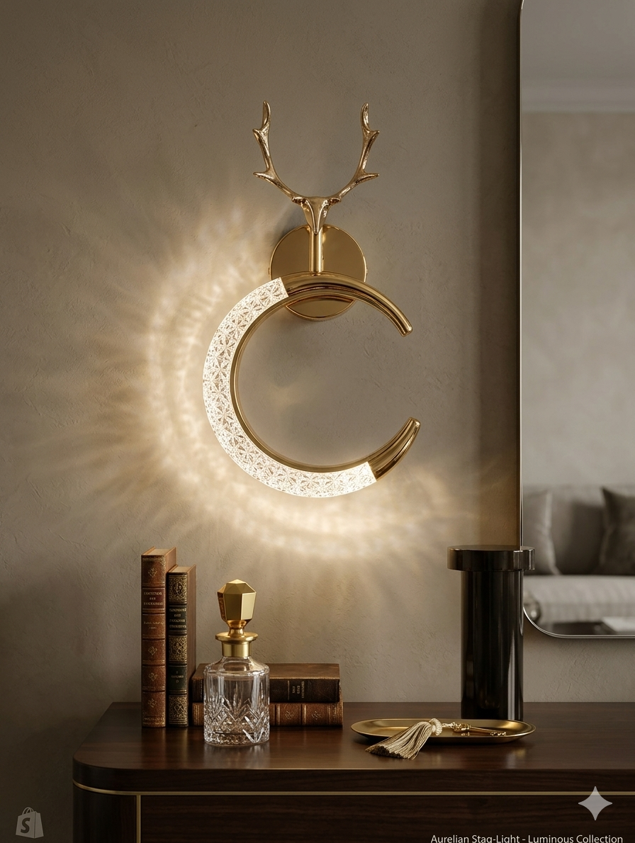 Aurelian Stag Luxury LED Wall Sconce – Crystal & Gold Moon Light