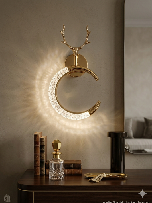 Aurelian Stag Luxury LED Wall Sconce – Crystal & Gold Moon Light