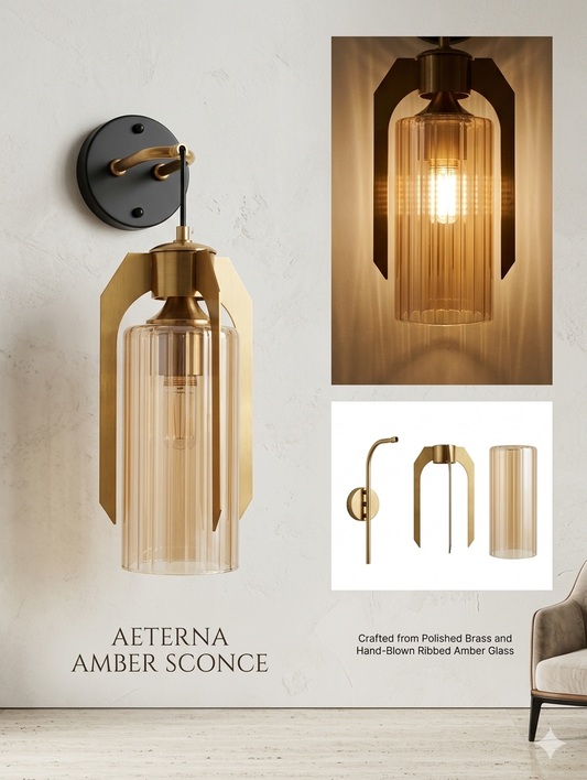 AETERNA Amber Sconce – Modern Geometric Brass & Hand-Blown Ribbed Glass Wall Light