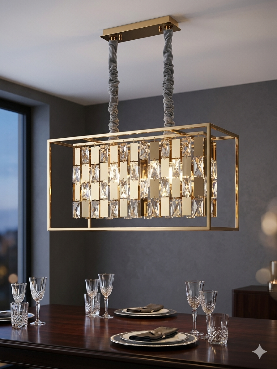 The Luxe Collection: Linear Geometric Crystal Chandelier in Polished Gold
