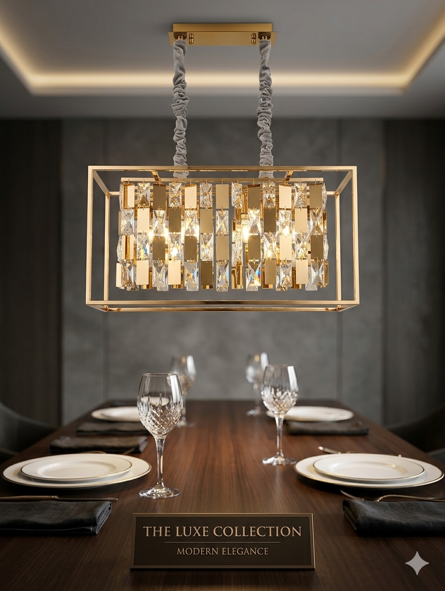 The Luxe Collection: Linear Geometric Crystal Chandelier in Polished Gold