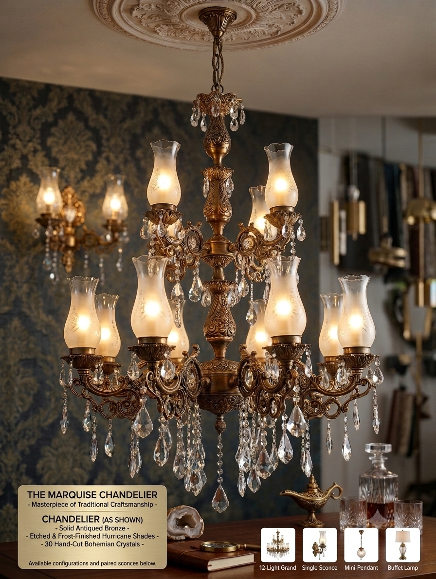 Marquise Traditional Bronze Crystal Chandelier – Luxury Hurricane Glass Pendant Light