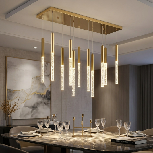 Modern Gold Rectangular LED Chandelier – Luxury Crystal Bubble Pendant Light for Dining & Living Rooms
