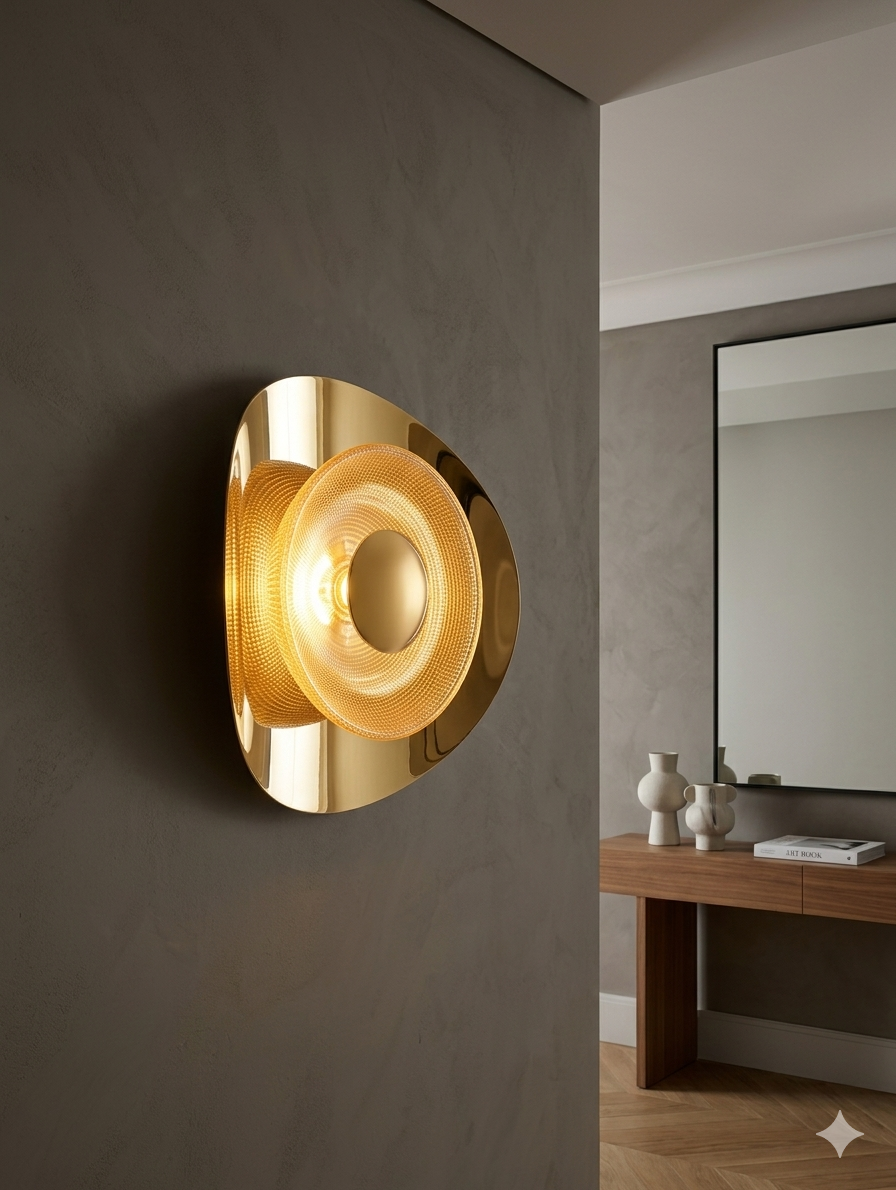 Solaris Polished Gold & Textured Glass Luxury Wall Sconce