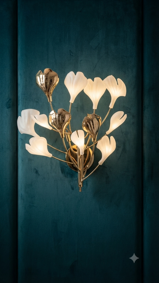 Opulent Bloom: Premium Gilded Floral Wall Sconce with Frosted Glass Petals