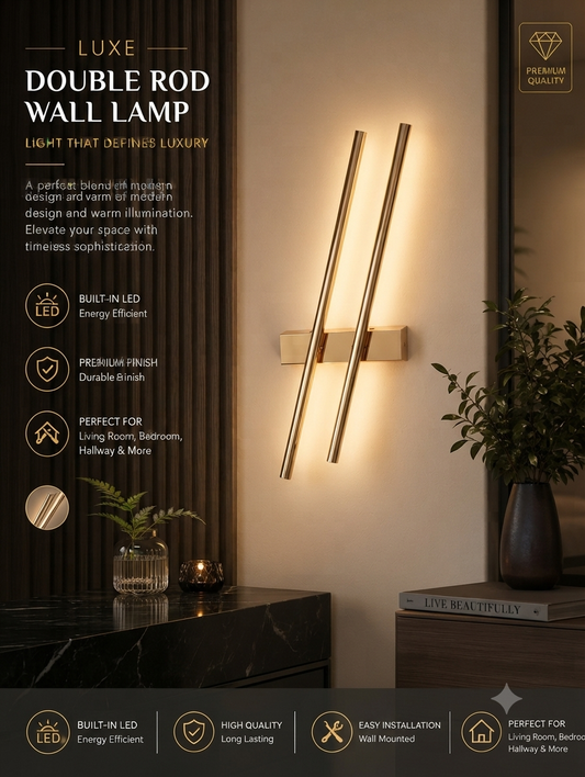 Luxury Double Rod LED Wall Light – Modern Gold Finish Decorative Wall Sconce | Warm White LED