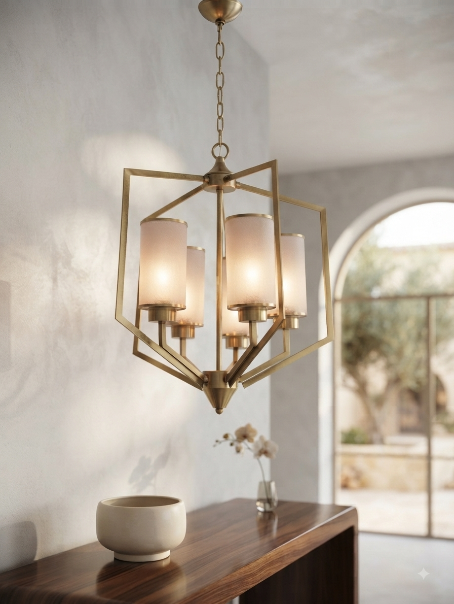 Modern Geometric Brass Chandelier with Frosted Glass Shades