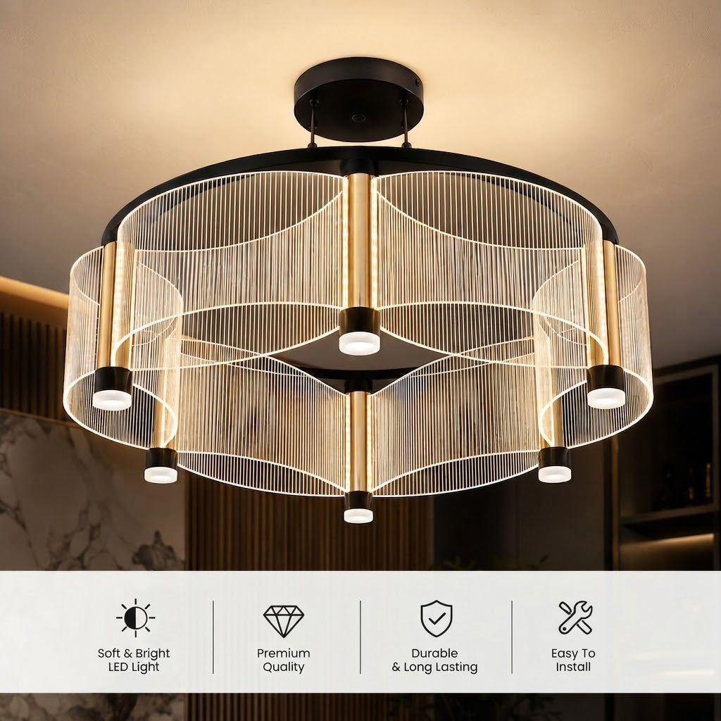 Modern Minimalist Ring Chandelier with Striped Acrylic & Warm LED Accent Downlights