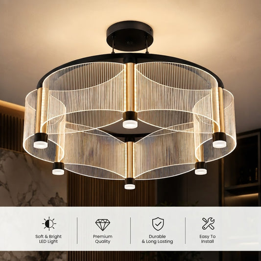 Modern Minimalist Ring Chandelier with Striped Acrylic & Warm LED Accent Downlights