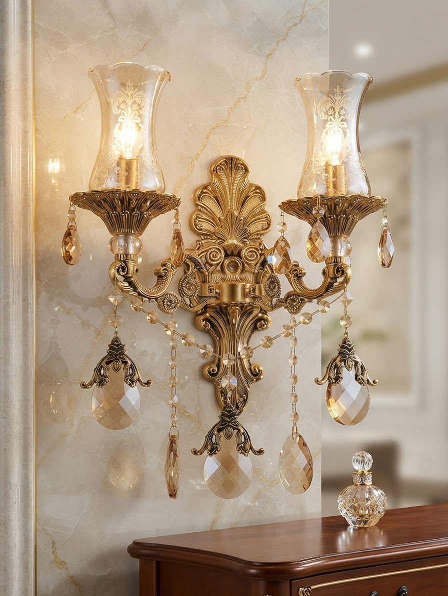 Regal Amber Crystal 2-Light Candle Wall Sconce | Luxury Antique Brass Wall Lamp