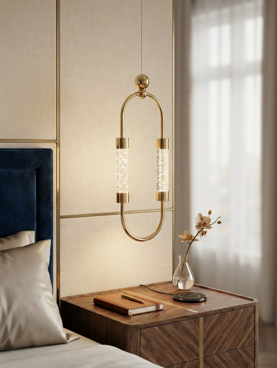 Luxury Golden Crystal LED Hanging Light – Modern Bedside Pendant Light