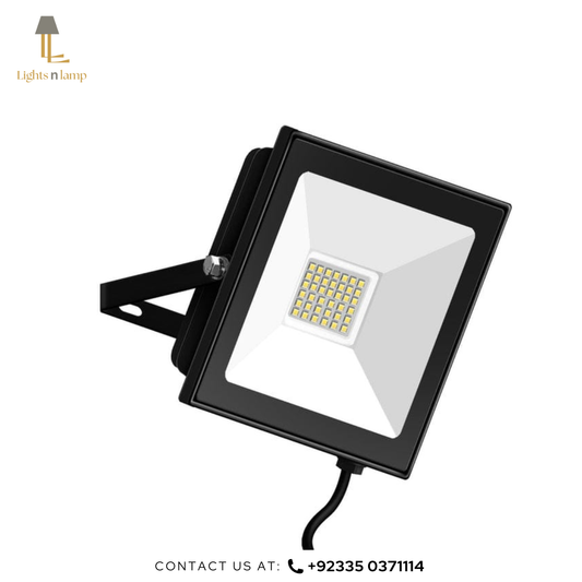 Black LED flood light with visible brand logo on a white background