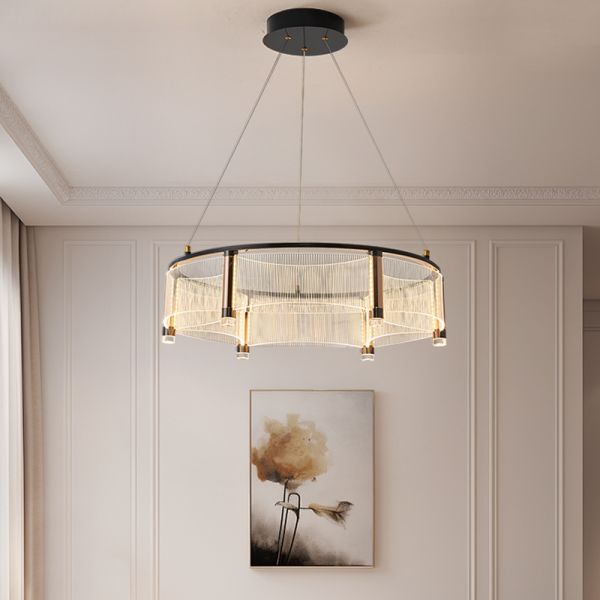 Modern Minimalist Ring Chandelier with Striped Acrylic & Warm LED Accent Downlights