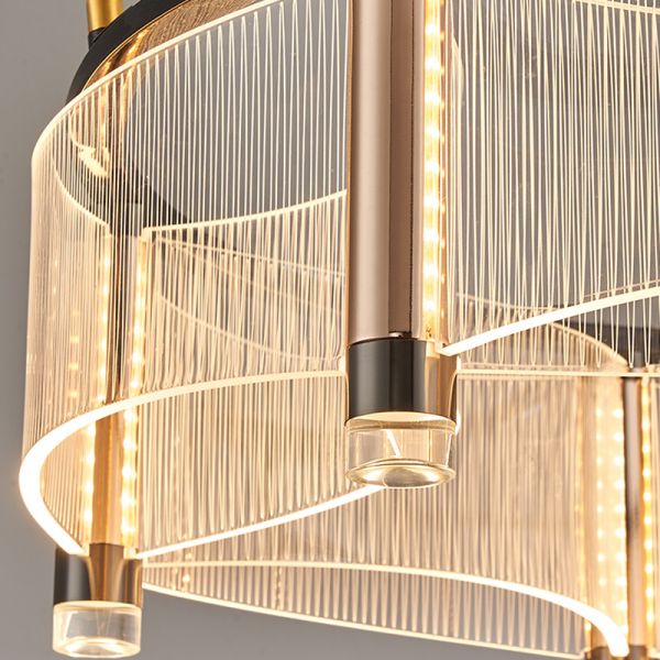 Modern Minimalist Ring Chandelier with Striped Acrylic & Warm LED Accent Downlights