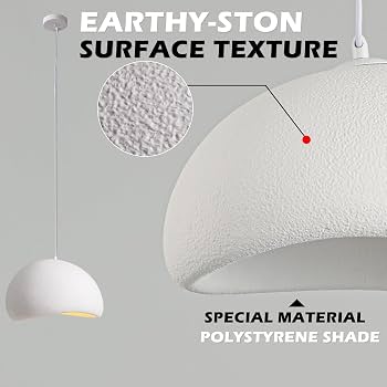 Modern Minimalist Textured Stone-Look Dome Hanging Pendant Light – Polystyrene Earthy White Fixture