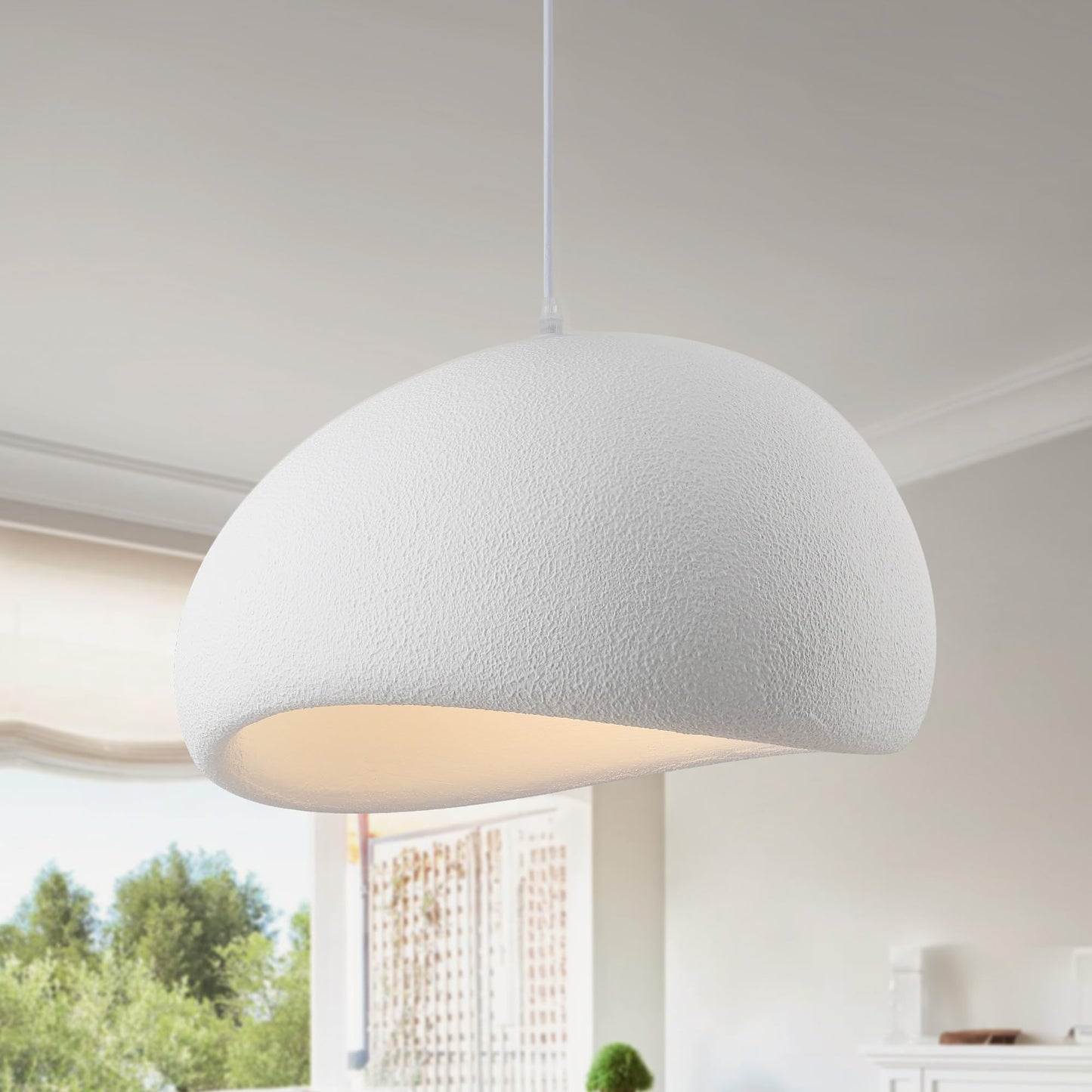 Modern Minimalist Textured Stone-Look Dome Hanging Pendant Light – Polystyrene Earthy White Fixture