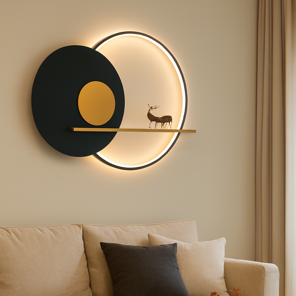 Modern wall light fixture above a beige sofa with decorative pillows.
