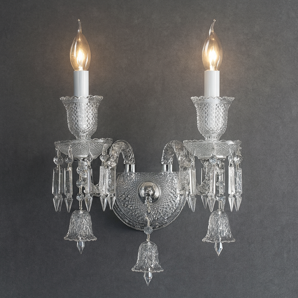 Crystal wall sconce with two lit bulbs against a dark background