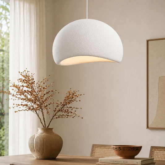 Modern Minimalist Textured Stone-Look Dome Hanging Pendant Light – Polystyrene Earthy White Fixture