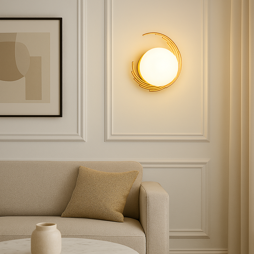 Modern wall sconce on a wall with a framed picture and beige sofa.