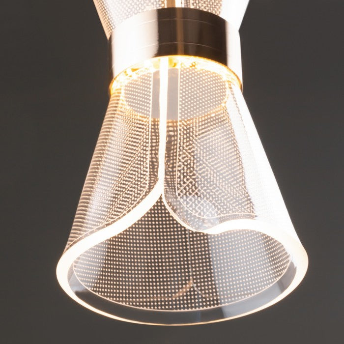 Modern pendant light with mesh design on a dark background
