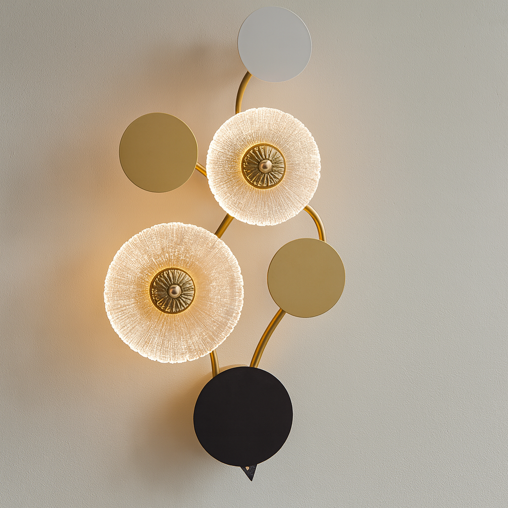 Modern wall light fixture with gold and black design on a neutral background