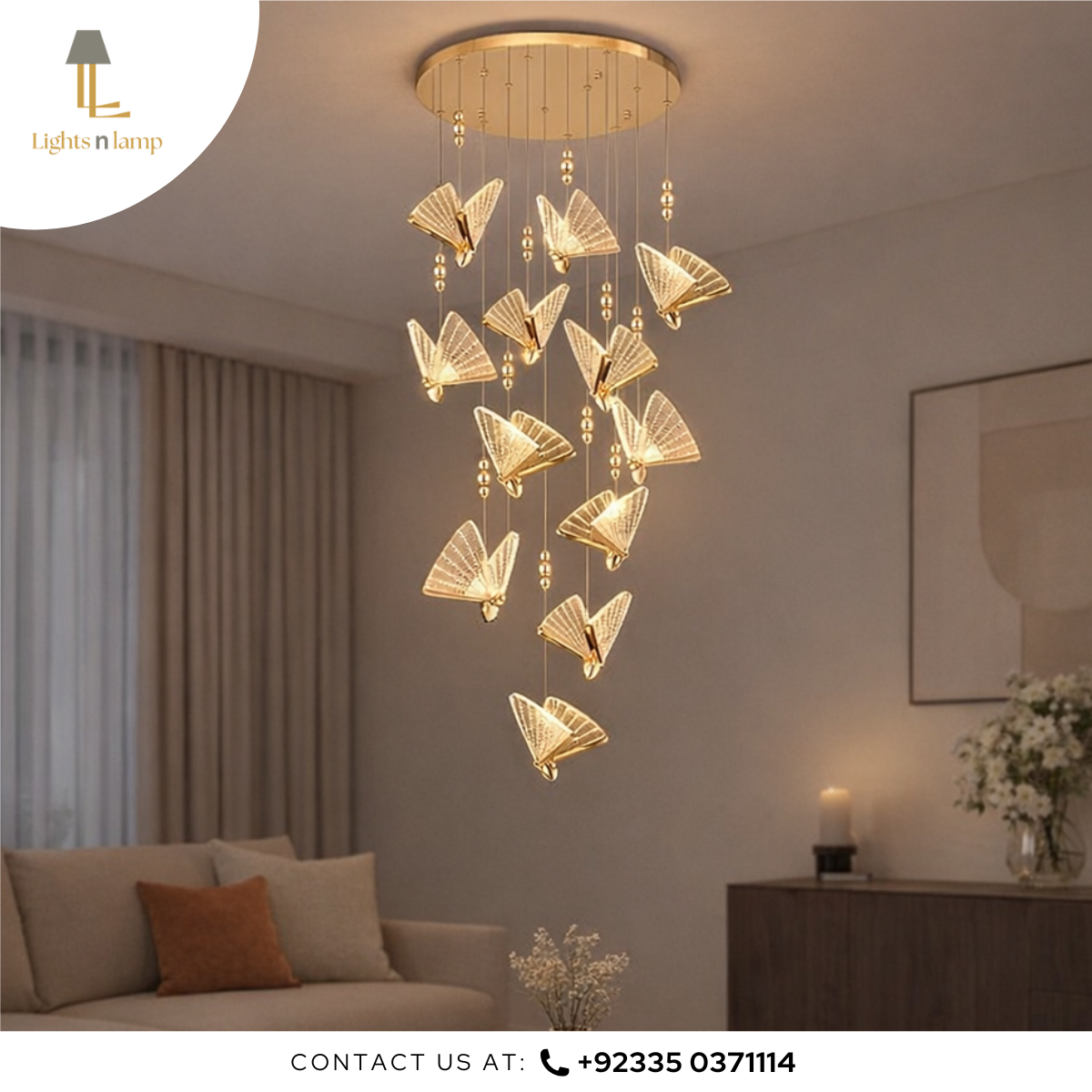 Modern chandelier hanging in a living room with 'Lights n Lamp' branding.