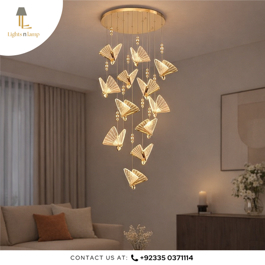 Modern chandelier hanging in a living room with 'Lights n Lamp' branding.
