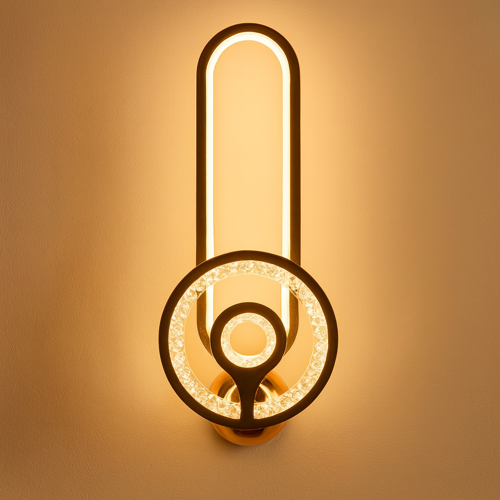 Modern wall light fixture with circular design on a beige background