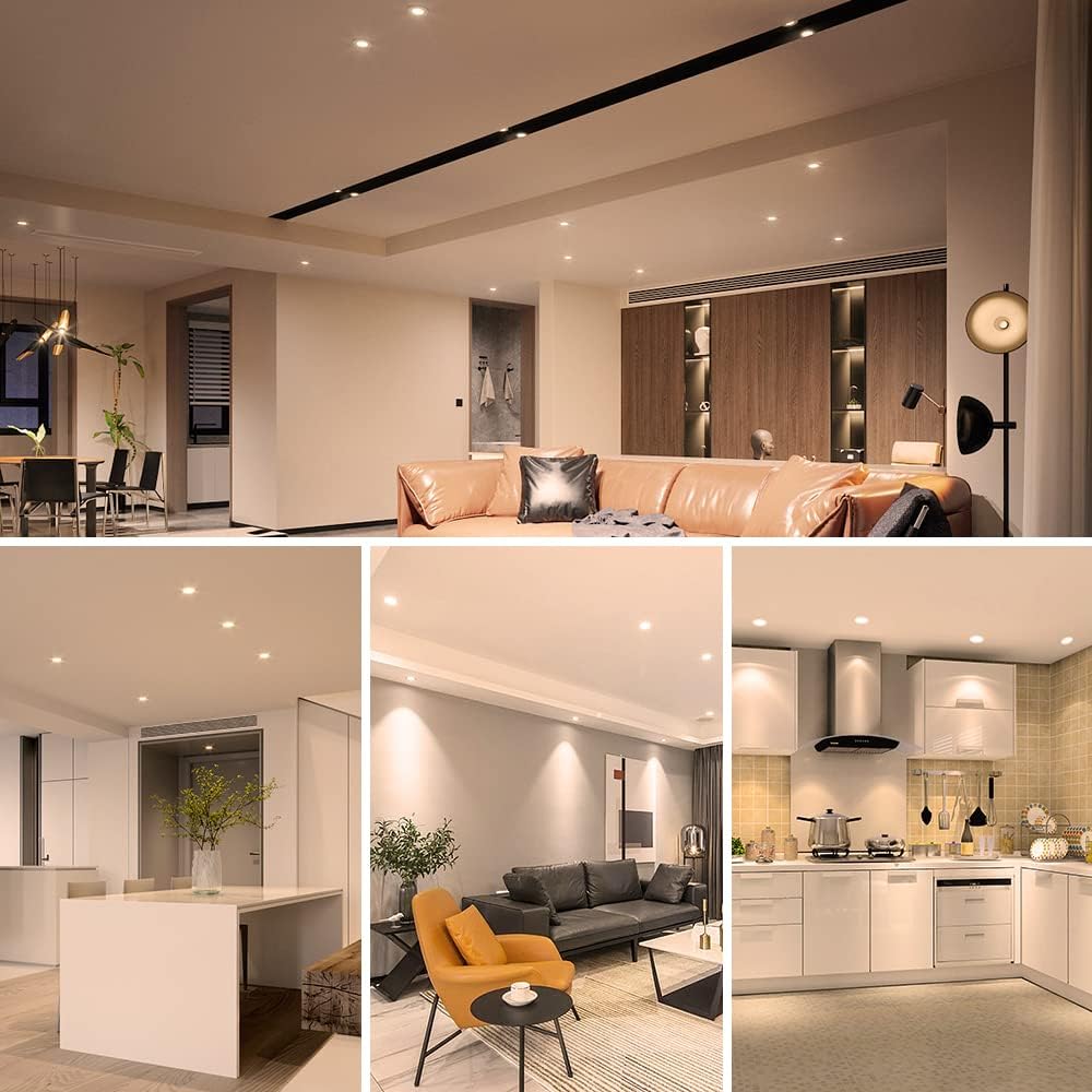 Collage of a modern living room, dining area, and kitchen.