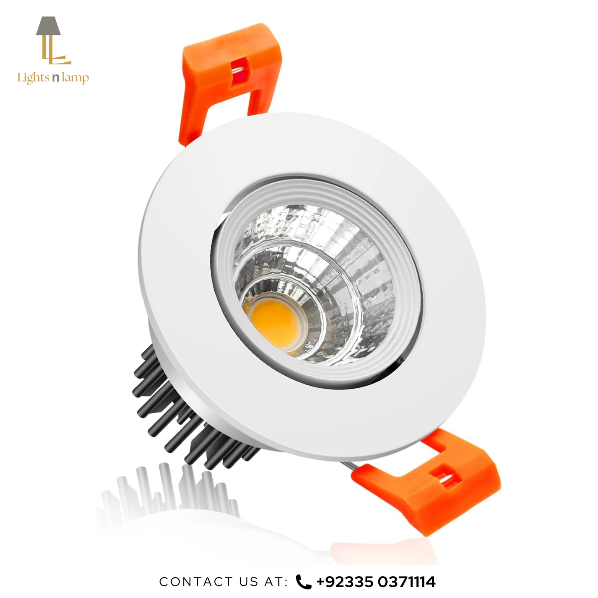 LED downlight with orange mounting brackets on a white background, brand 'Lights n Lamp' visible.