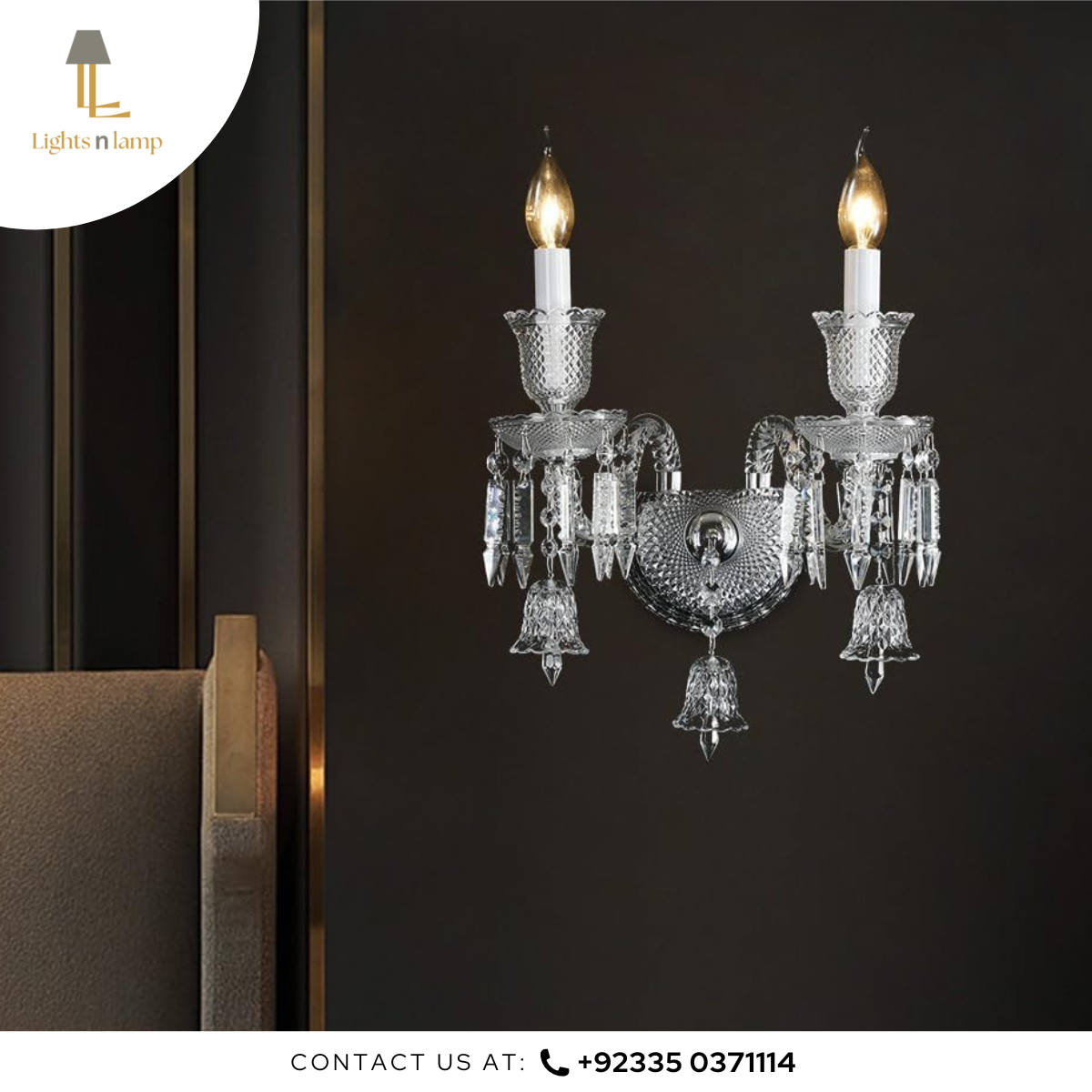 Crystal wall sconces on a dark wall with 'Lights n Lamp' branding.
