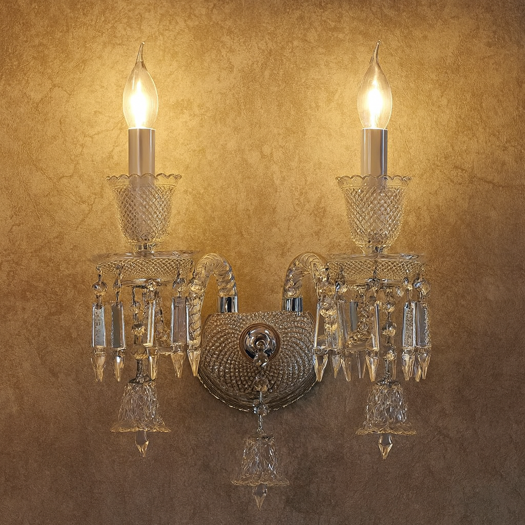 Pair of crystal wall sconces with lights on a textured gold background