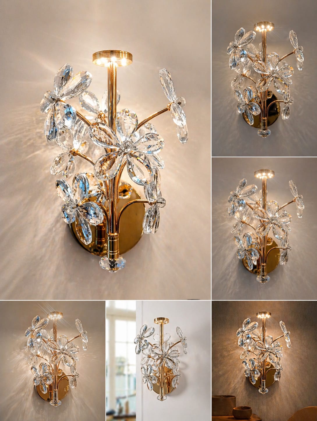 Collage of a decorative wall light fixture with crystal accents on a neutral background.