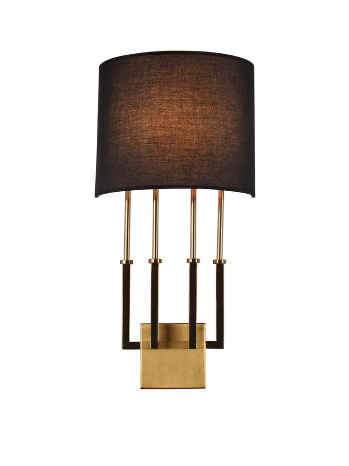 Decorative wall lamp with black shade and gold accents on a white background
