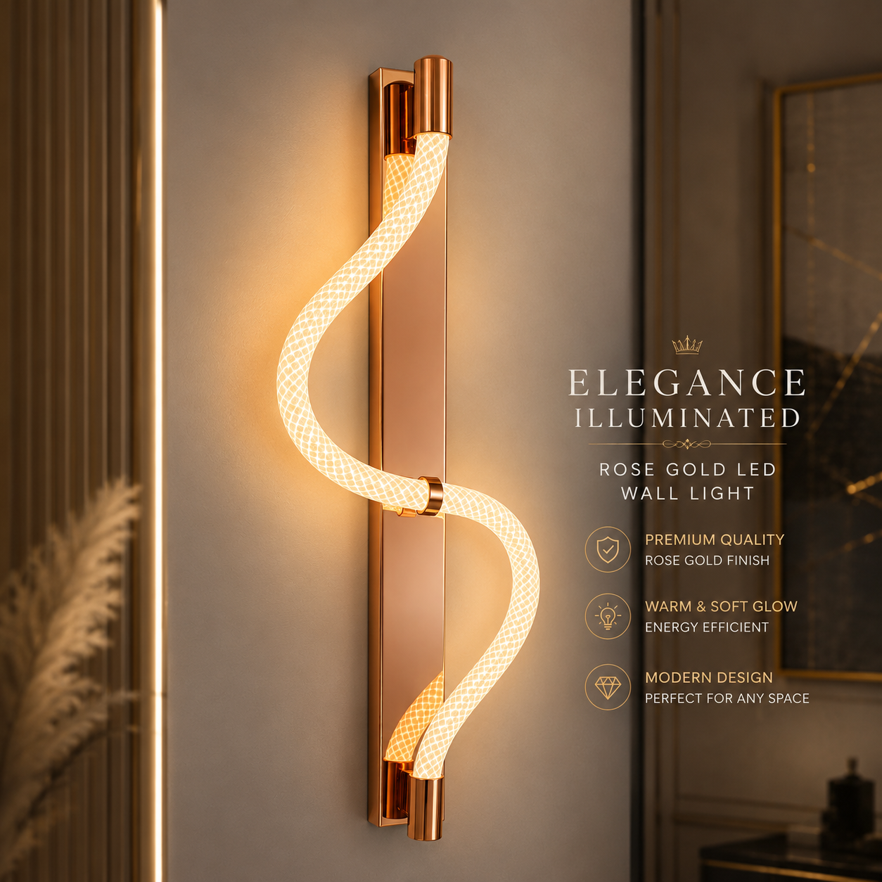 Luxury Rose Gold LED Wall Light – Modern S-Curve Decorative Wall Lamp