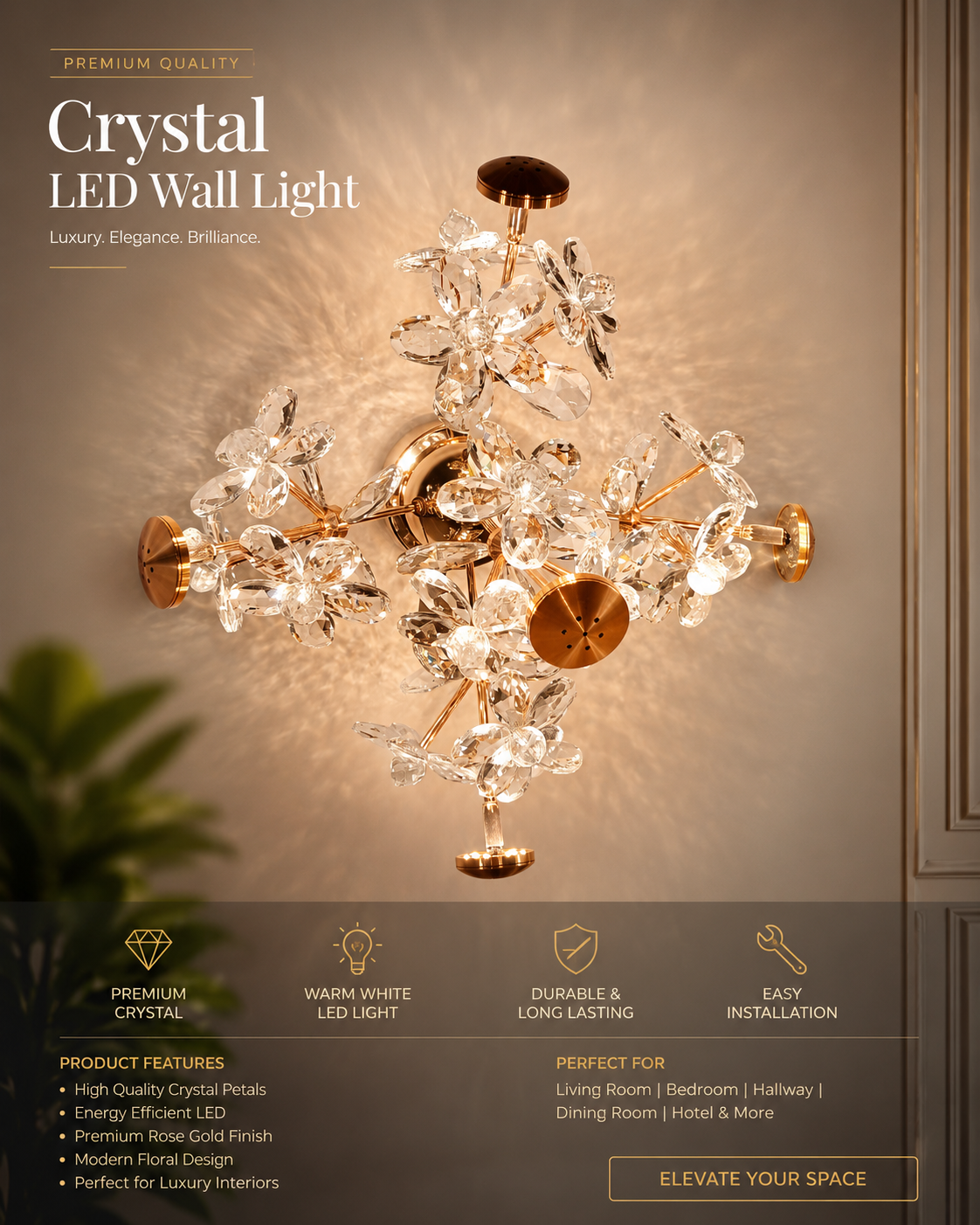 Radiant Bloom Crystal LED Wall Light - Premium Gold Finish