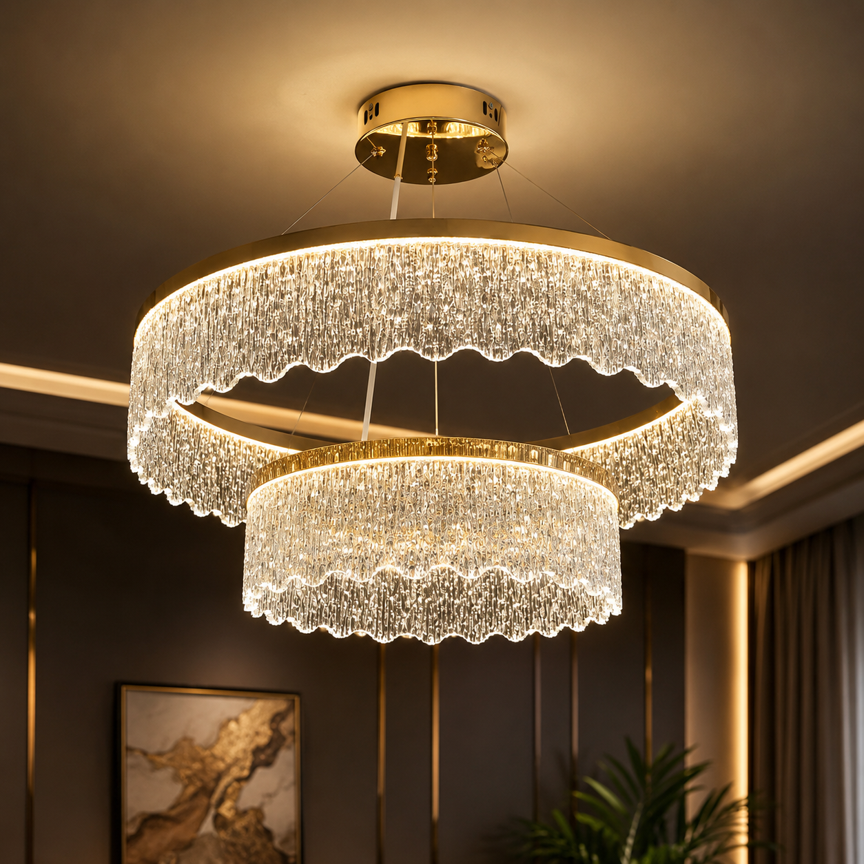 Opulent Dual-Tier Crystal Crown Chandelier – Modern Gold Luxury Hanging Light