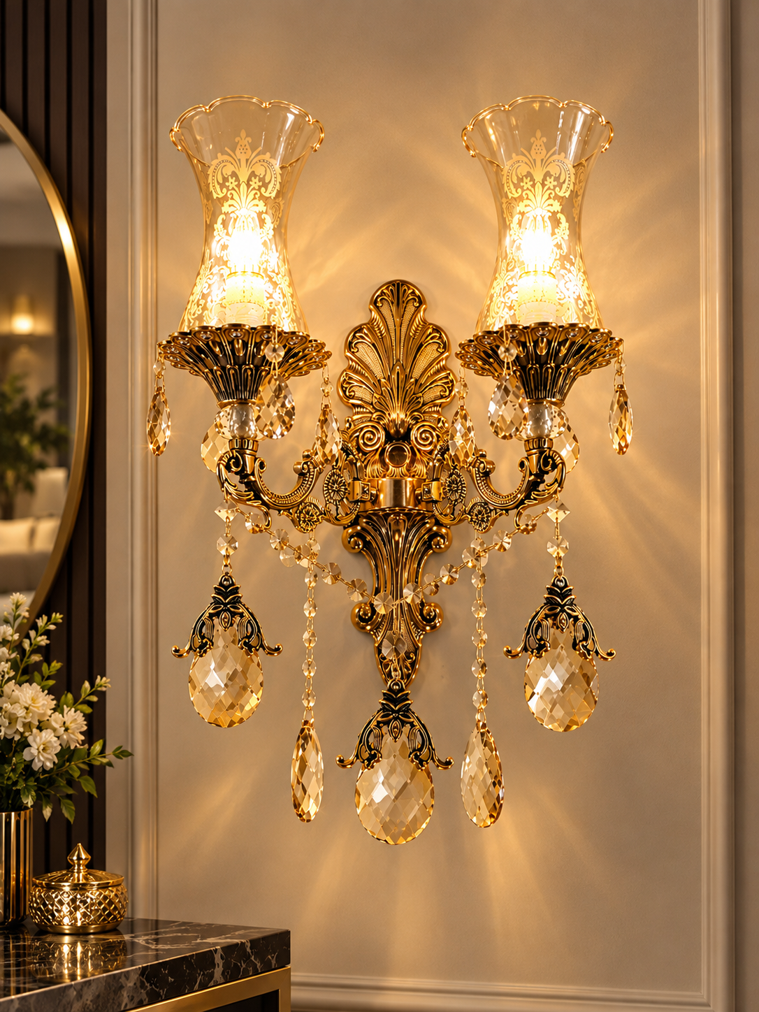 Regal Amber Crystal 2-Light Candle Wall Sconce | Luxury Antique Brass Wall Lamp