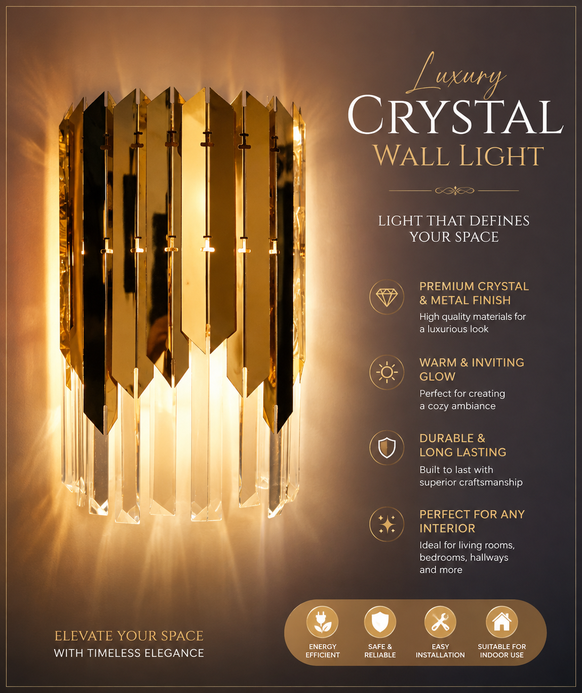 Luxury Crystal Gold LED Wall Light – Modern Crystal Wall Sconce for Living Room, Bedroom & Hallway