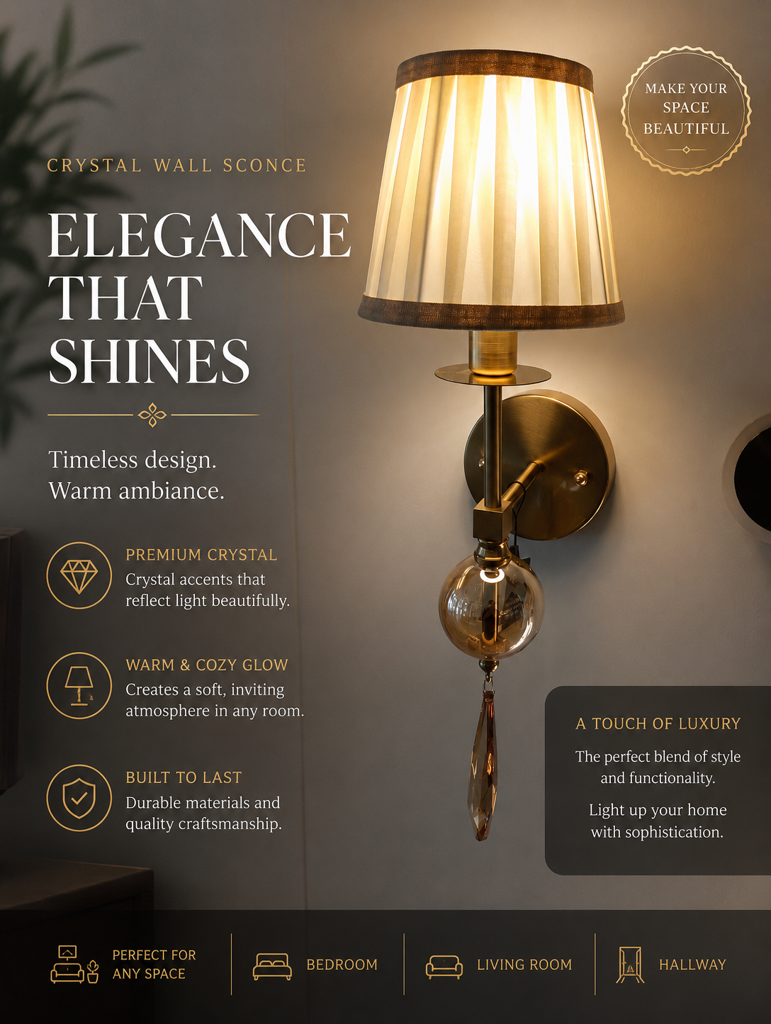 Modern Brass Wall Sconce with Fabric Shade