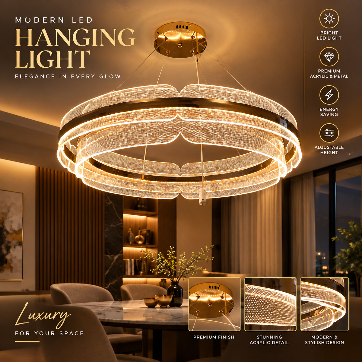 Modern Luxury LED Hanging Light – Multi-Ring Designer Chandelier | Premium Ceiling Pendant
