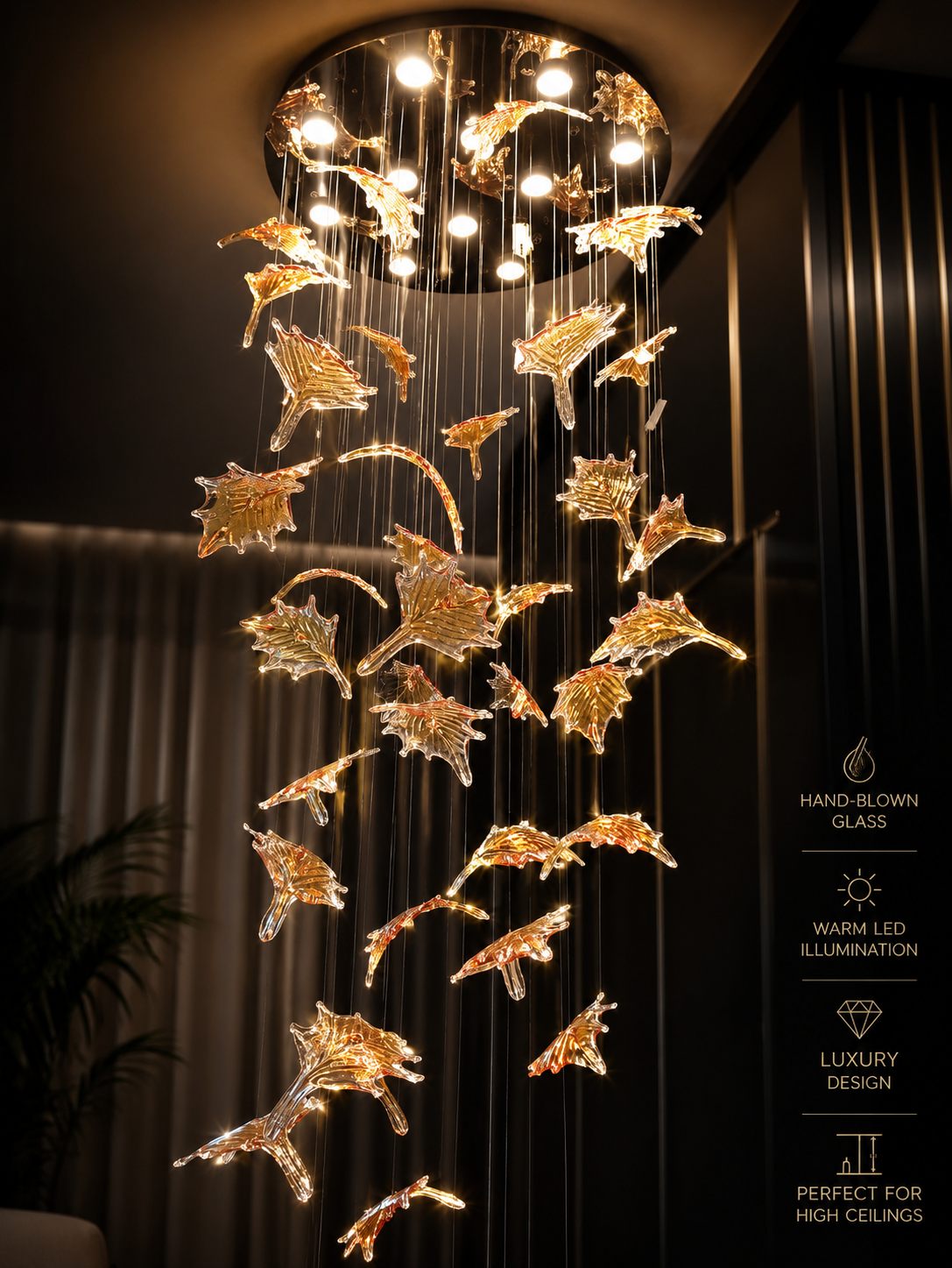 Luxury Hand-Blown Glass Leaf Chandelier – Modern LED Spiral Hanging Light for High Ceilings