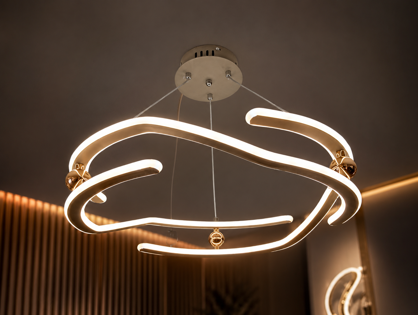 Modern Curved LED Ring Chandelier – Warm Gold & Brushed Chrome Accent Hanging Light