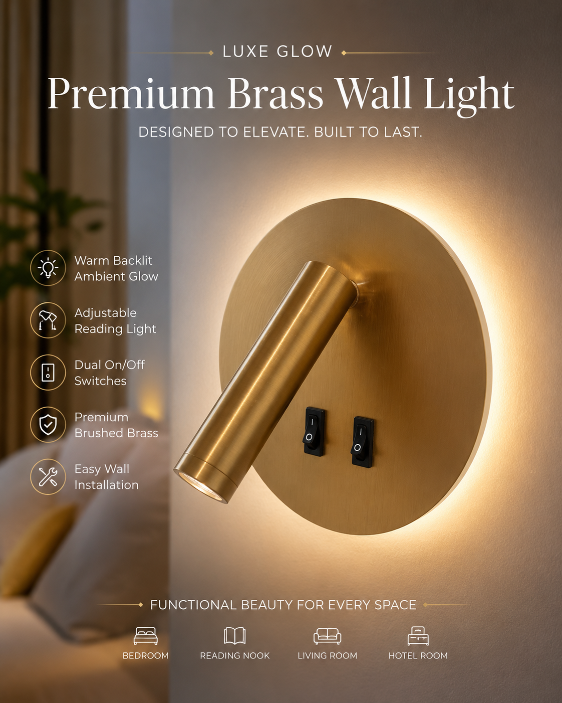 Aurora Luxe Dual-Switch LED Wall Reading Light - Brushed Brass