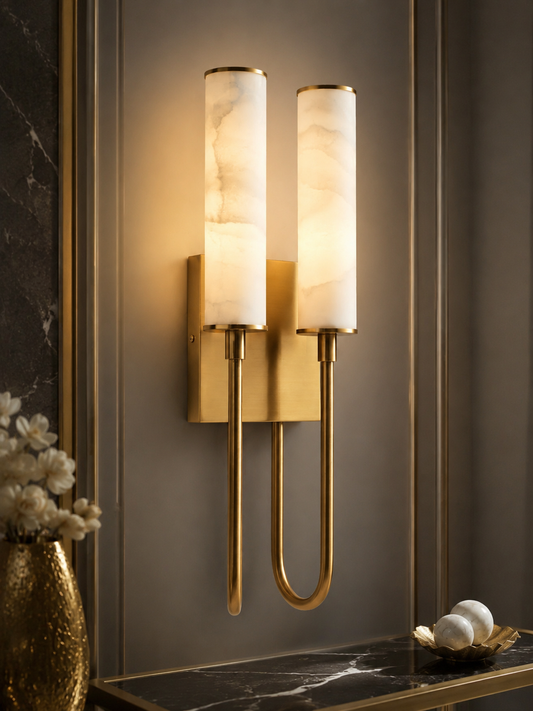Luxury Brass Marble Look Double Wall Light | Modern LED Wall Sconce