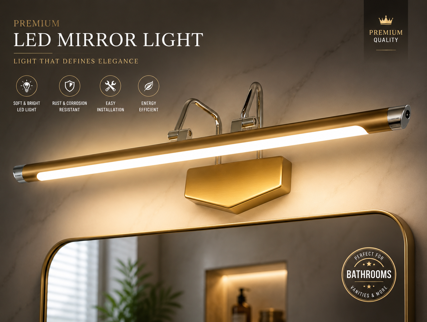 Luxury Gold LED Mirror Light – Modern Bathroom Vanity Wall Lamp | Warm White | Premium Aluminum Finish