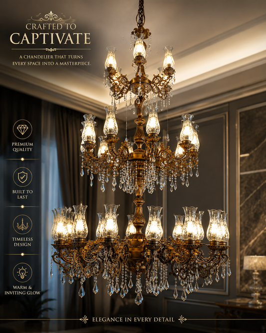 Royal Heritage Crystal Chandelier – 32-Light Antique Bronze Luxury Pendant