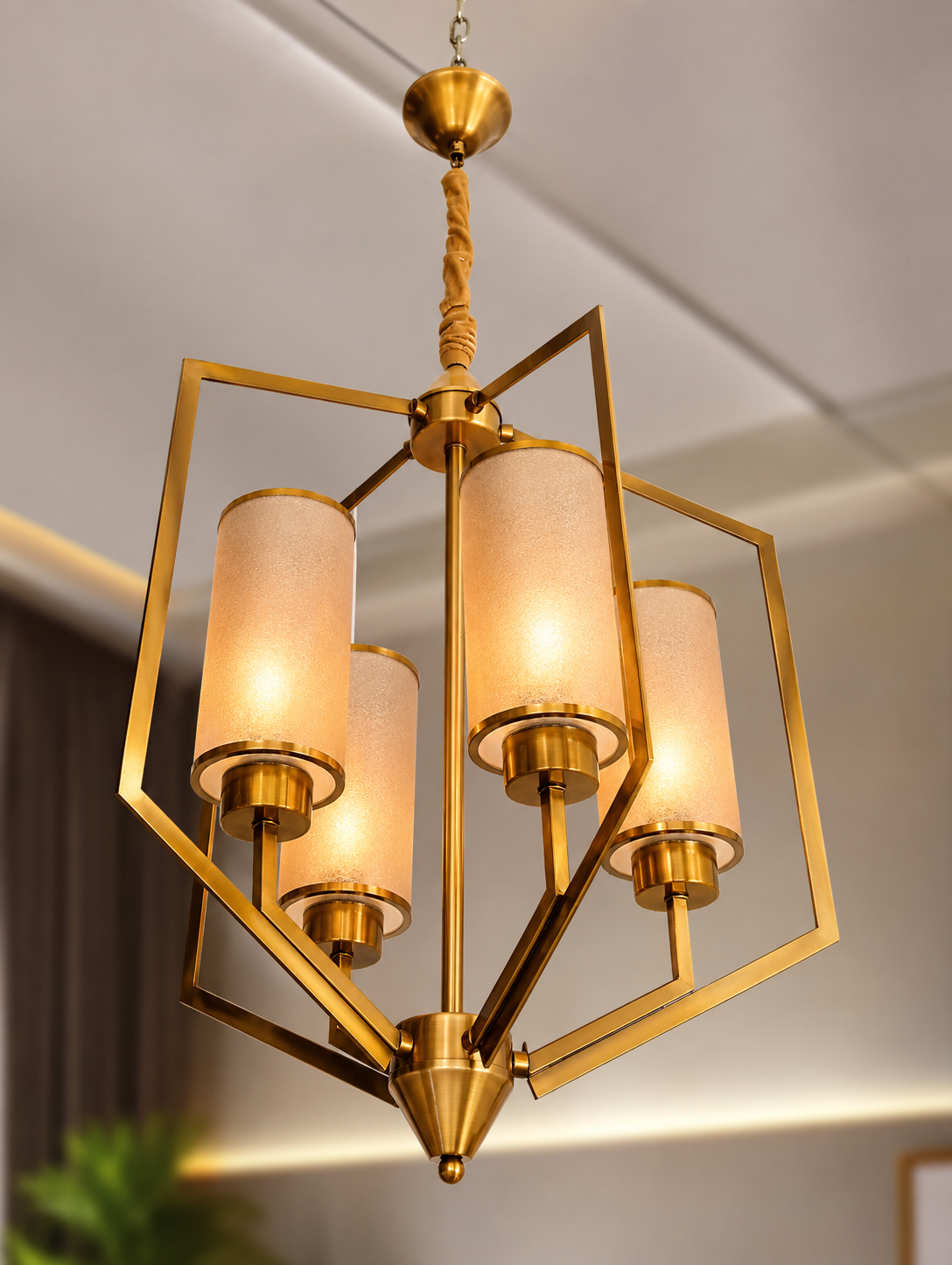 Modern Geometric Brass Chandelier with Frosted Glass Shades